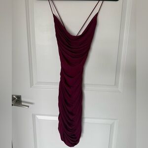 Elegant Strappy Burgundy Cowl Neck Draped Dress